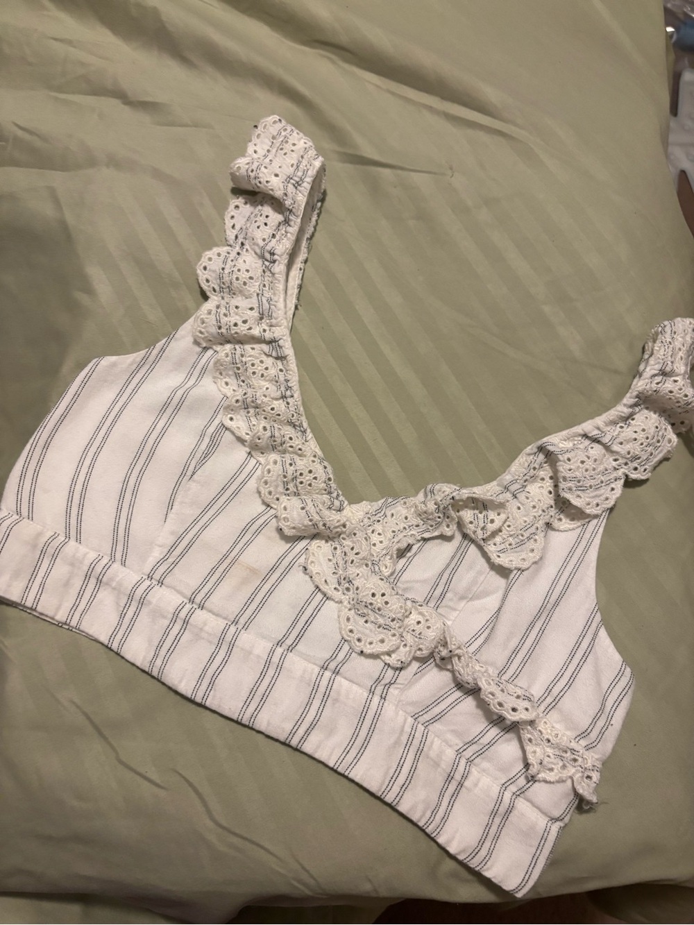 American Eagle Outfitters White Striped Lace-Trim Crop Tank